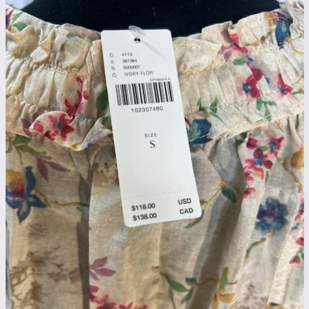 Anthropologie Pilcro Sheer Ruffle Puff-Sleeve Blouse Ivory Floral–Size Small-NWT - Picture 8 of 8